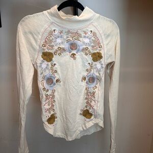 Free People Embroidered Cream Long Sleeve Top